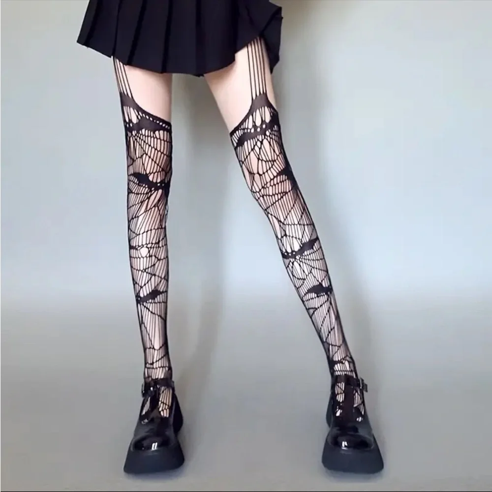 Black Bat Fishnet Suspender Tights Hollow Out High Waist Mesh Pantyhose One Size